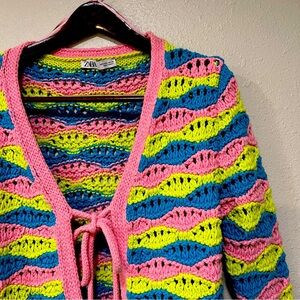 ZARA Openwork Cardigan Women’s Size Small Crochet Knit Bright Pink Blue Green